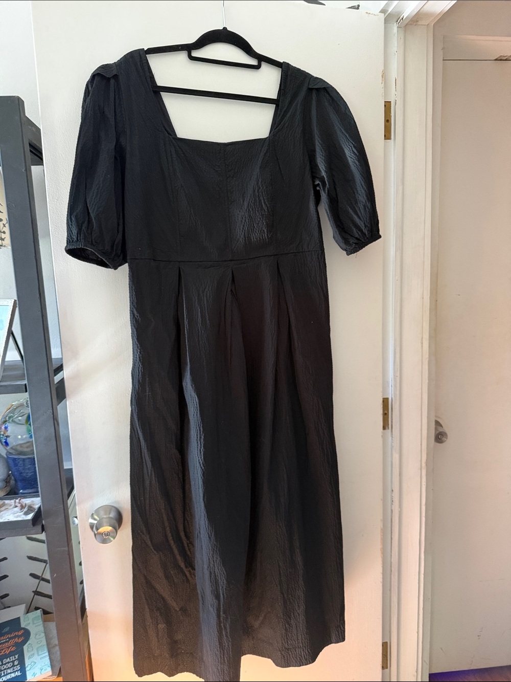 A New Day Black Crinkle Maxi Dress XXL Puff Sleeve Square Neck